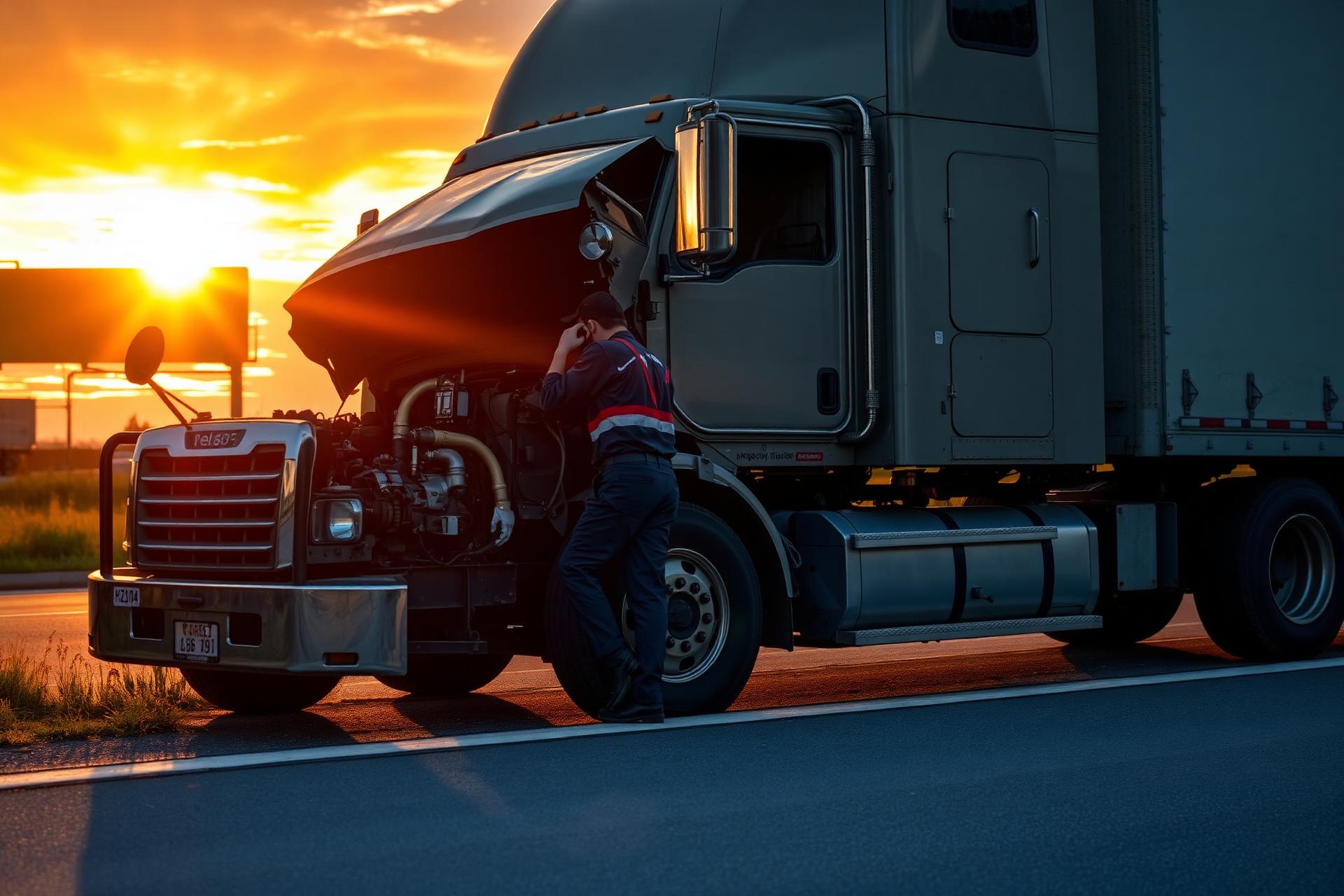Mecânico atendendo caminhão diesel no acostamento ao pôr do sol